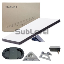 Starlink Mini satelītinterneta komplekts – antena ar iebūvētu Wi-Fi, statīvs, 15 m kabelis un barošanas bloks.